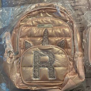 Girls Justice Rose Gold Unicorn backpack and lunch box “R” initial. Never opened